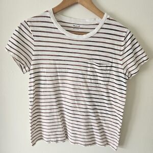 Madewell brown and white striped short sleeve pocket tshirt